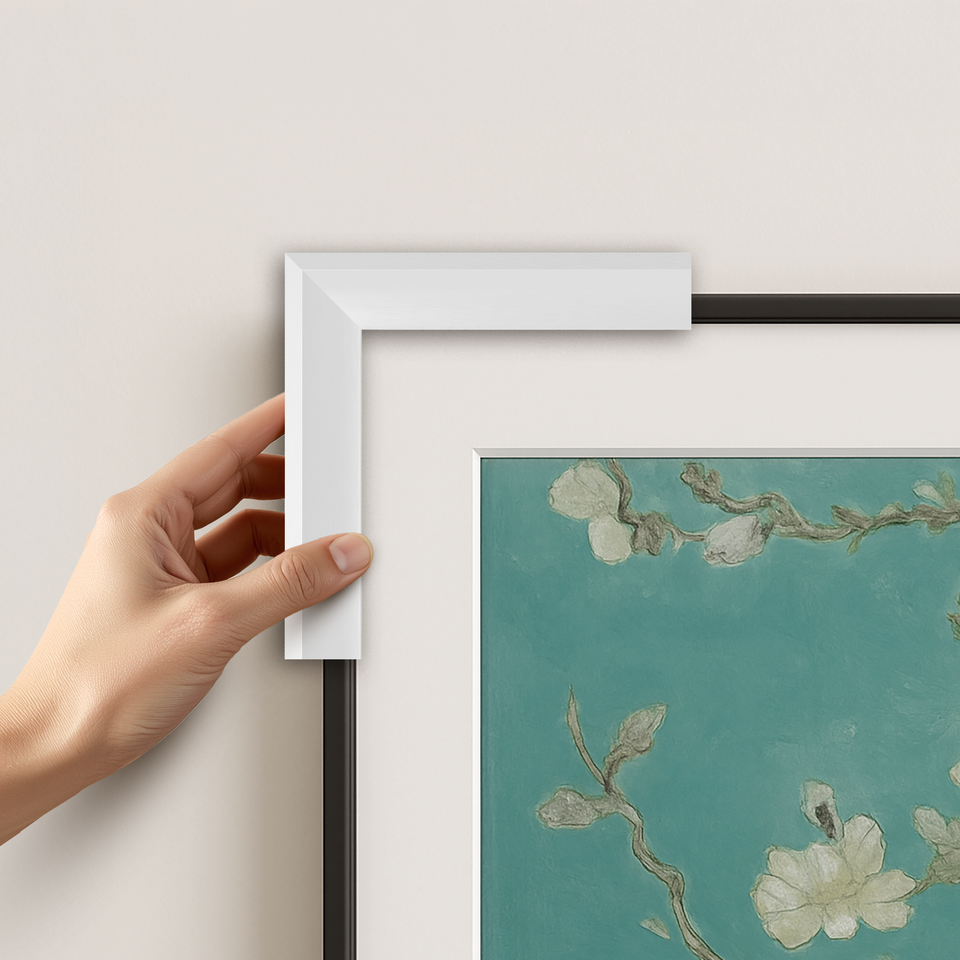 PureWhitePrismatic_CornerExample - Deco TV Frames AU