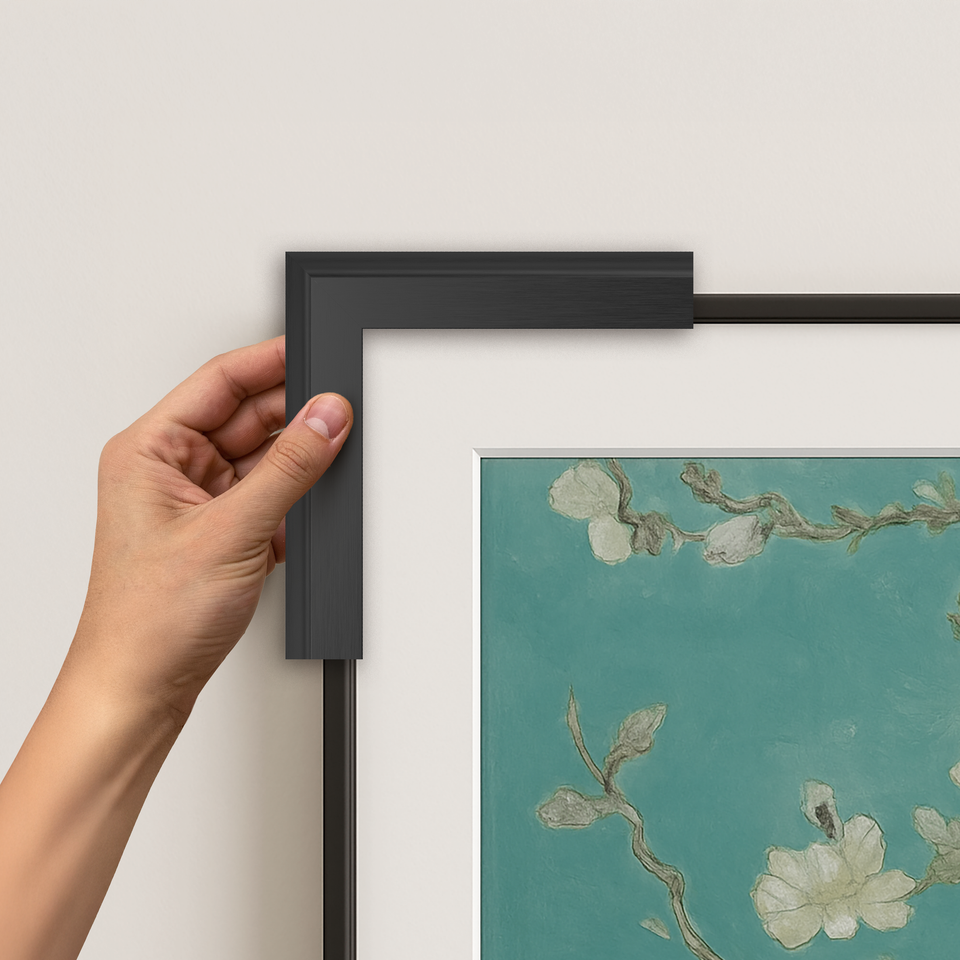 AnodizedBlackScoop_CornerExample - Deco TV Frames AU